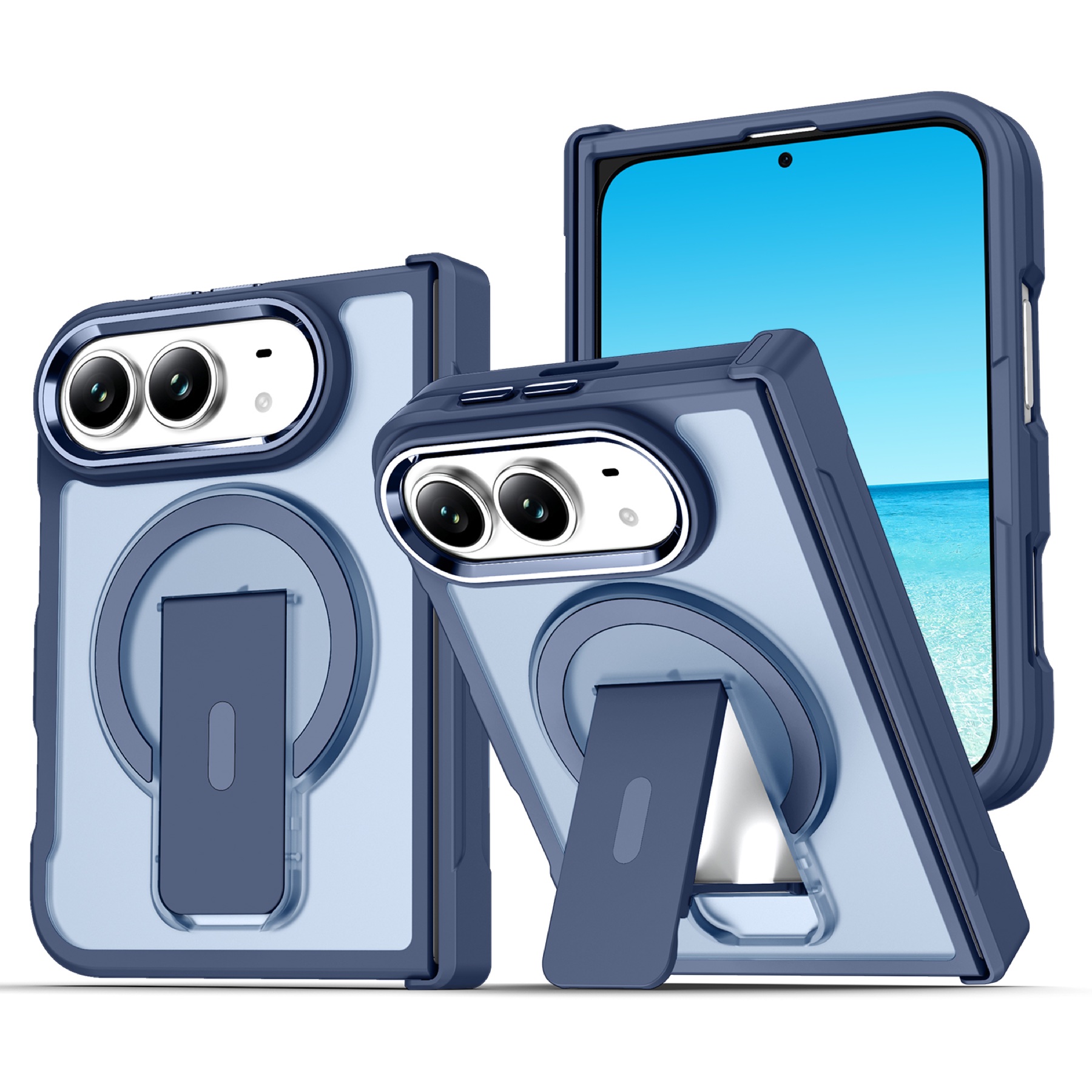 Blue Duo FoldStand case in standing and folded positions